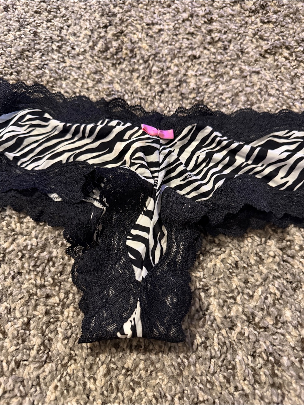 Victoria's Secret Black & White Zebra Lace Bikini with Pink Bow